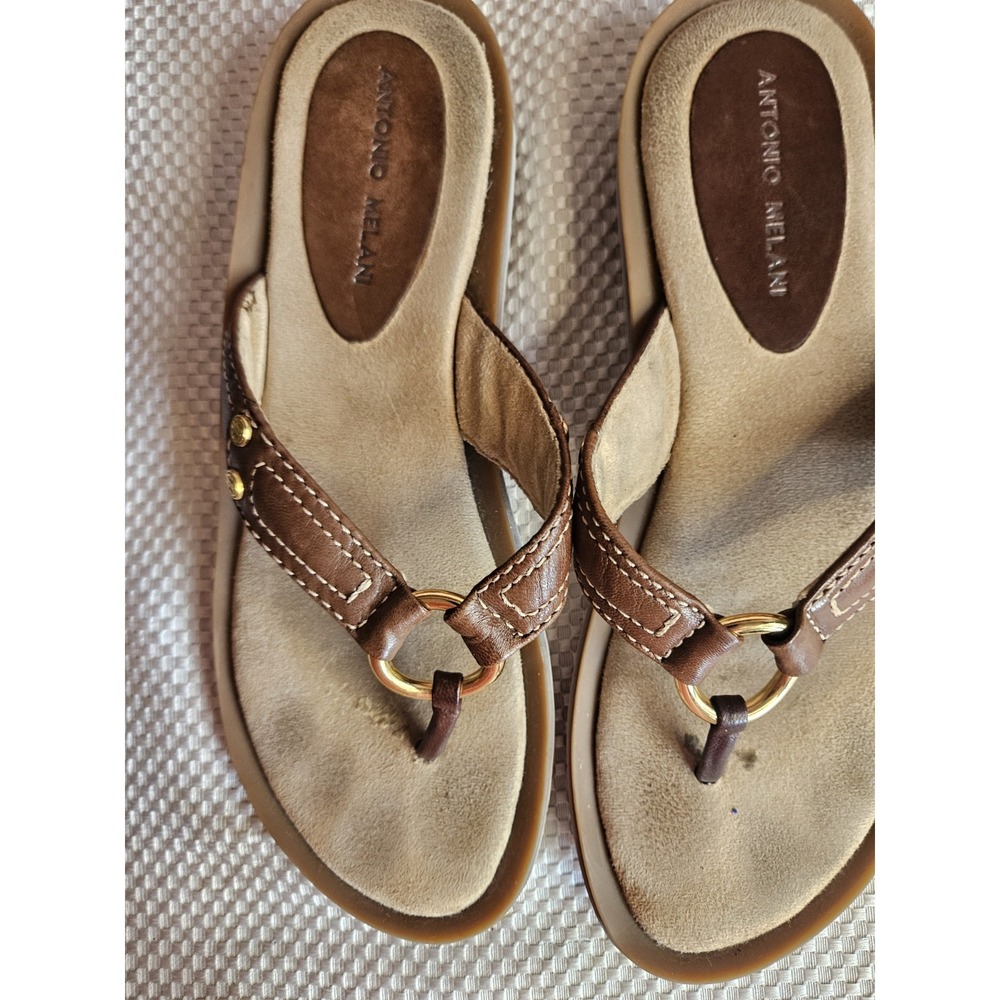 Antonio Melani Brown Leather Thong Sandal Flip Flops Gold Hardware Size 10 - Picture 3 of 7